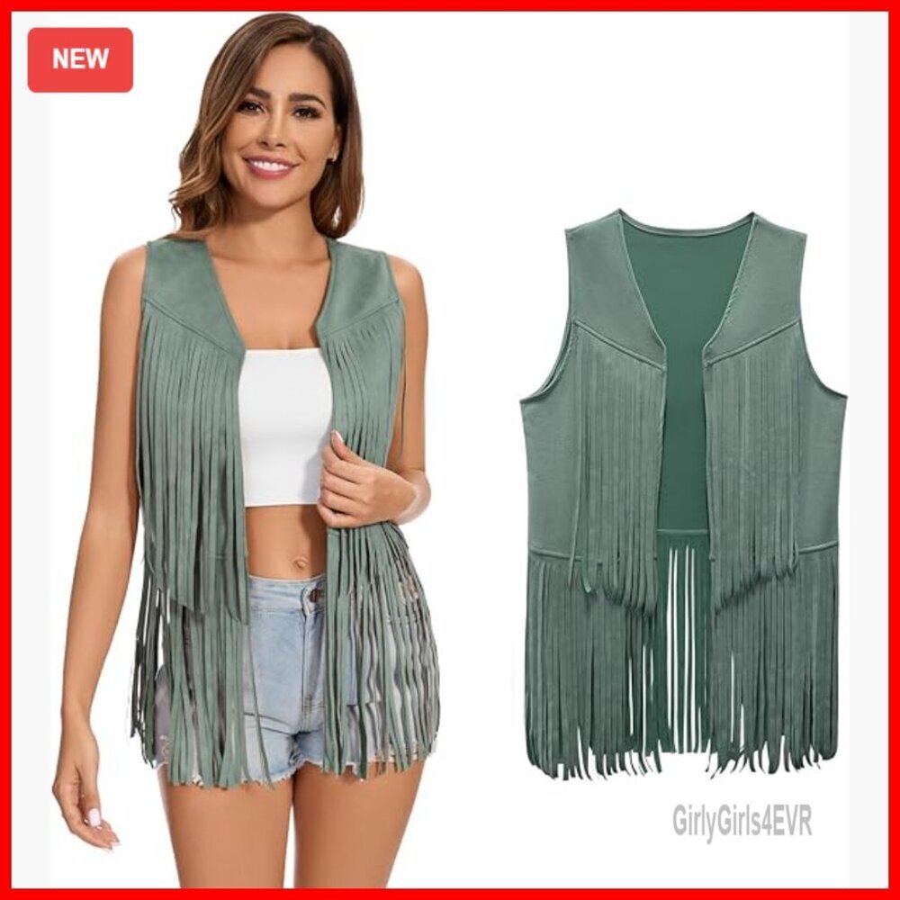 Faux Suede Fringe Vest Sleeveless Tassel Western Hippie Costume